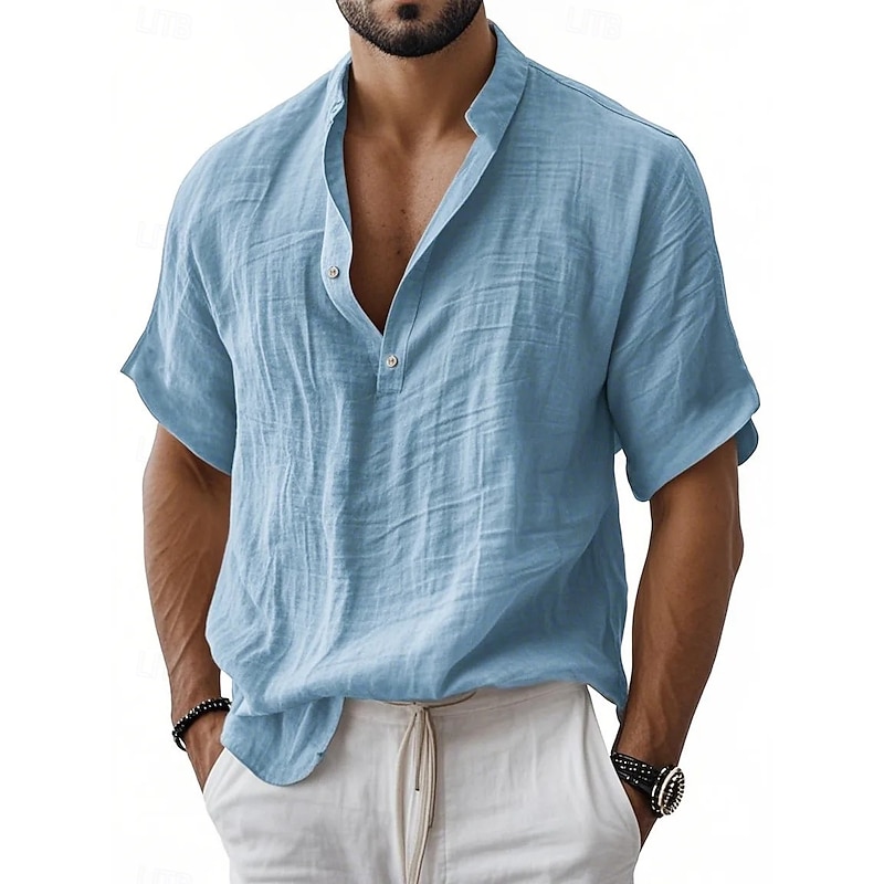 Men's Linen Shirt Popover Shirt Casual Shirt Button Up Shirt Plain Vacation Street Black White Light Green Dark Navy Short Sleeves Band Collar Spring Fall Clothing Apparel Buttons