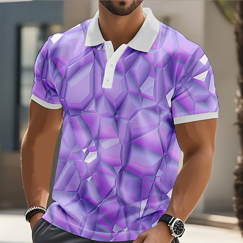 Men's Geometic Polo Short Sleeve Polo Shirts Collared Shirts Casual Street Athleisure Daily Wear 3D Print Buttons Summer Pink Blue Purple
