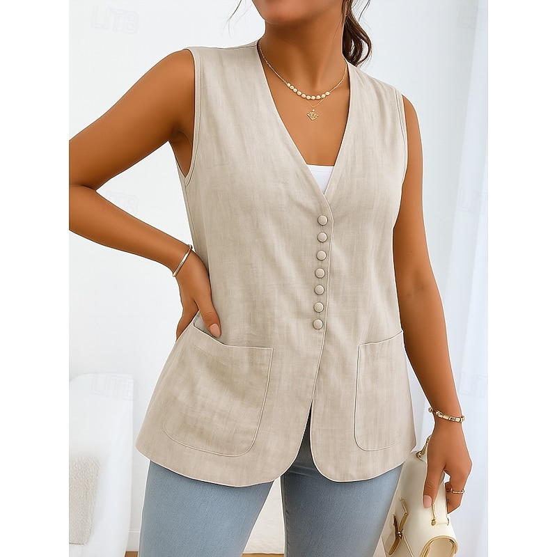 Women's Vest Comfortable Breathable Pocket Buttons Casual Plain Vacation Street Casual Daily Wear Single Breasted Short V Neck Regular Fit Sleeveless Outerwear White Khaki Beige Summer Spring2