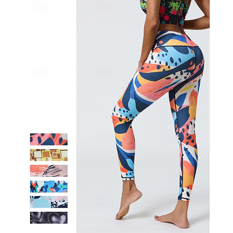 Women's Capri Leggings Yoga Leggings Tummy Control High Waist Gym Athletic Pilates Bottoms Printing Black Yellow Blue Fall Sports Activewear Tight Fit