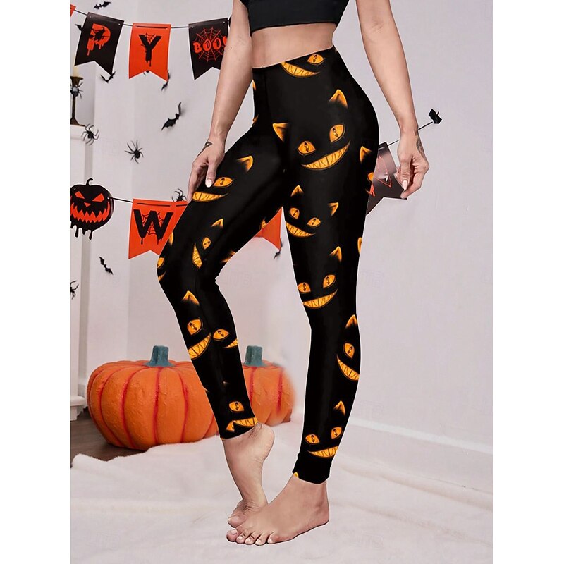 Women's Leggings Vintage Casual Ankle-Length High WaistPantsHalloween Graphic Pumpkin Printing Soft Breathable Stretchy Outdoor Daily Black and Blue Black and White Black Yellow Fall Winter Slim Fit4