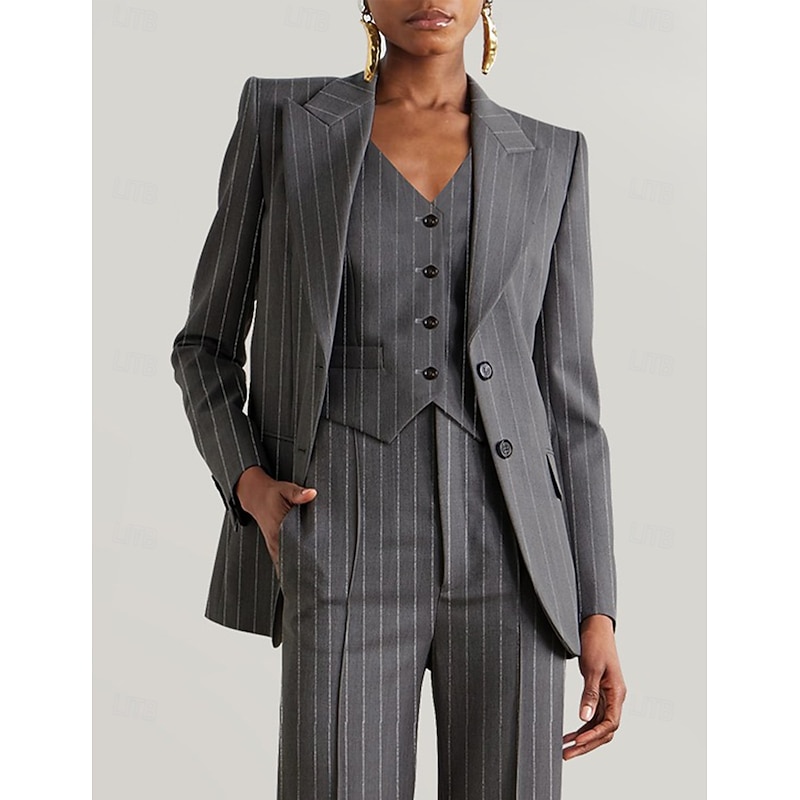 Women's Pinstriped Blazer Sport Coat Formal Wedding Guest Elegant Long Sleeve Peak Lapel Single Breasted