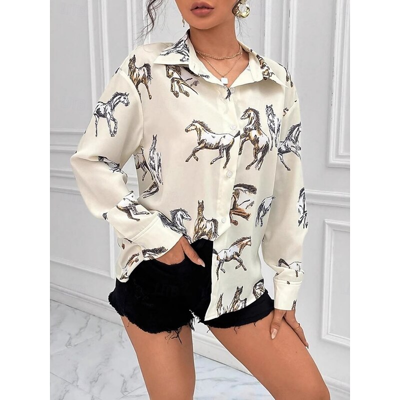 Women's Shirt Animal Stylish Modern Long Sleeve Shirt Collar Regular Tops Daily Holiday Buttons Print White Summer4