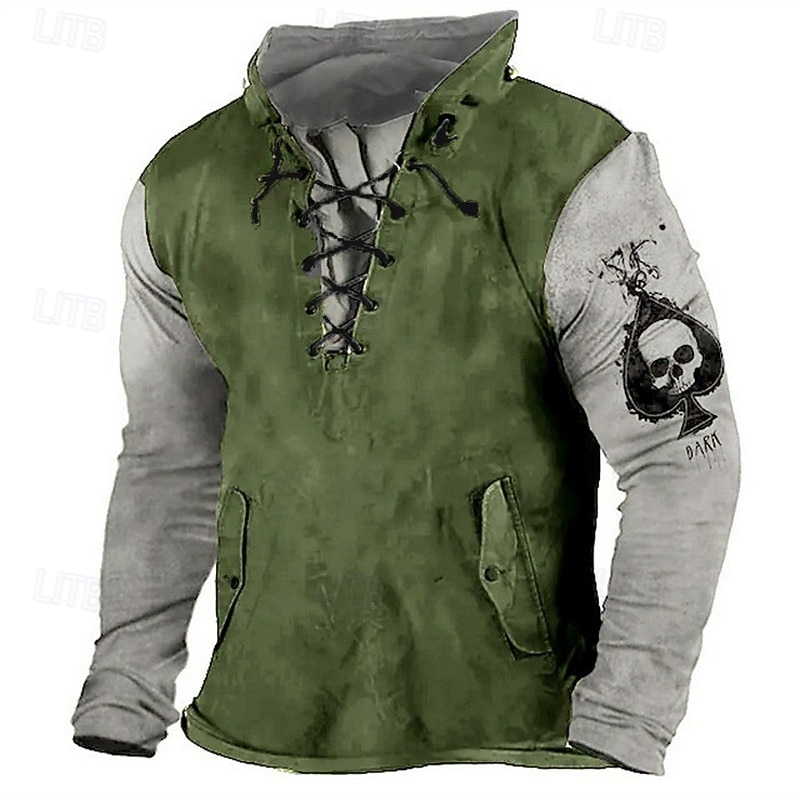 Men's Hoodie Black Army Green Brown Green Hooded Skull Lace up Patchwork Print Sports & Outdoor Daily Holiday Polyester Streetwear Basic Casual Spring Fall Clothing Apparel Hoodies Sweatshirts