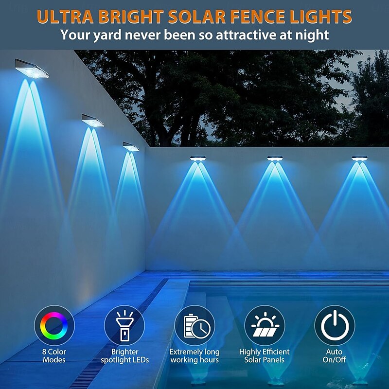 Solar Wall Lights Solar Fence Lights Solar Powered Outdoor Waterproof LED Color Changing Solar Powered Deck Light for Backyard Wall Step Patio Railing Pool Porch (3 Modes/RGB Modes)3