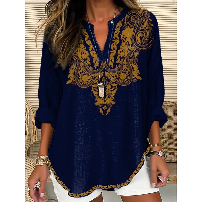 Women's Shirt Floral Vintage Casual Long Sleeve V Neck Regular Tops Daily Holiday Buttons Print Navy Blue Spring Fall