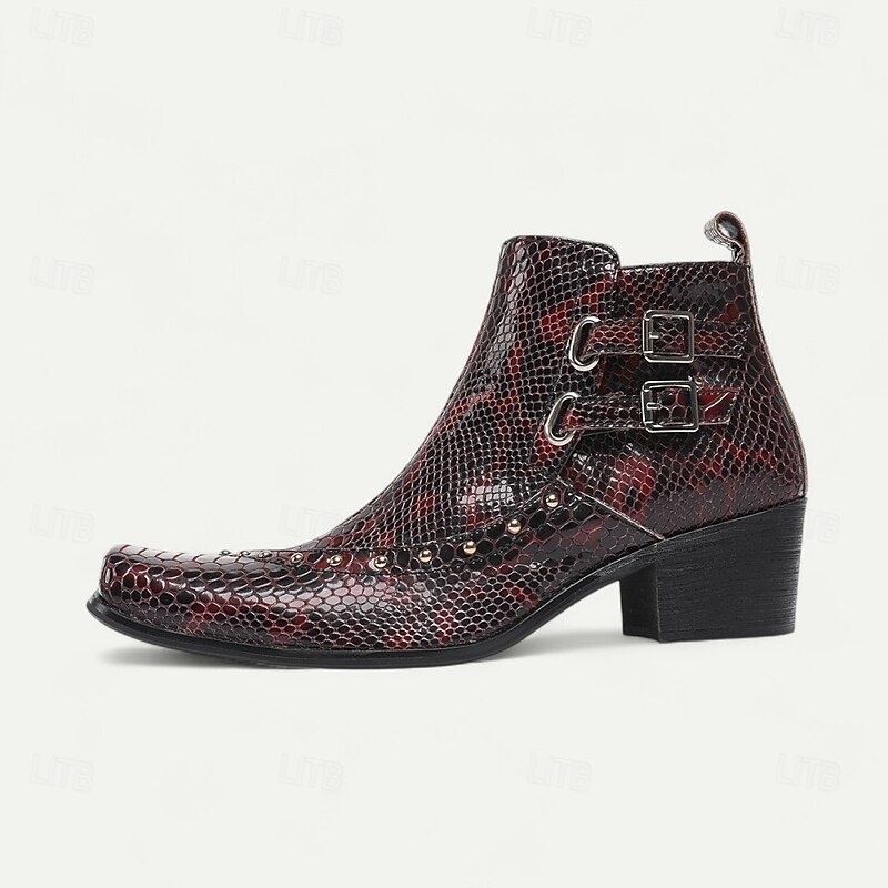 Men's Red Snake Pattern Ankle Boots in Premium Cowhide Gothic Rock Style with Double Buckles for Nightlife Concerts and Motorcycle Outfits3