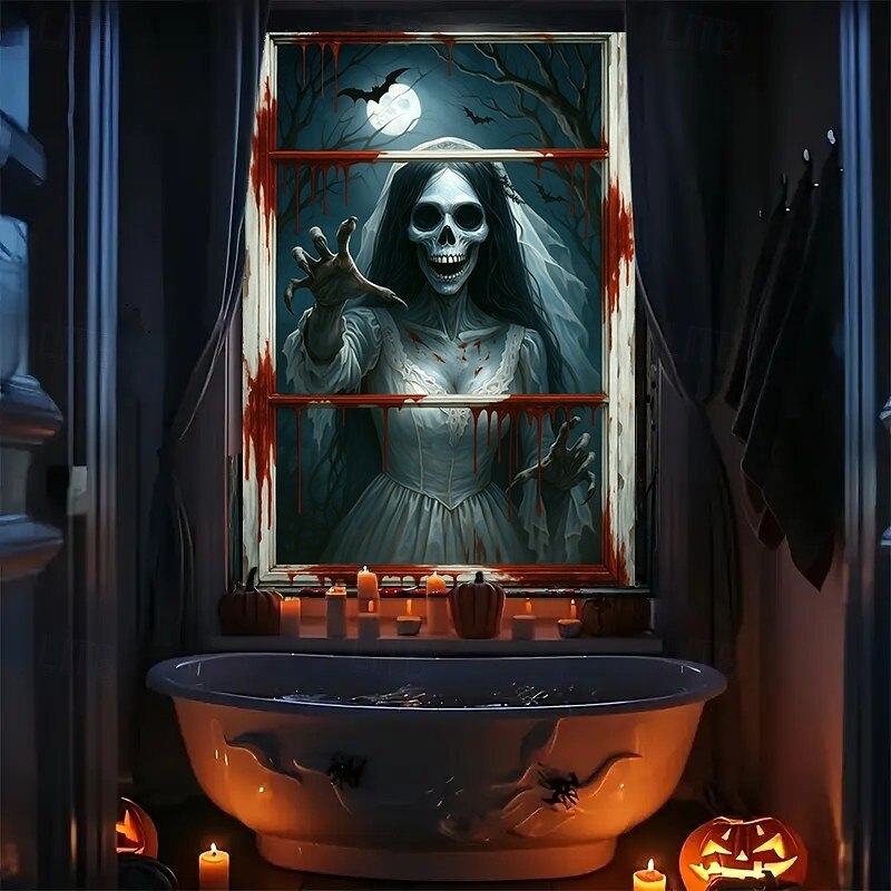 Halloween Window Curtain Grim Reaper Behind Bloody Wooden Planks, Creepy Door Cover, Window cover,  Wall Tapestry for 2025 Halloween Haunted House Spooky Home Decoration2
