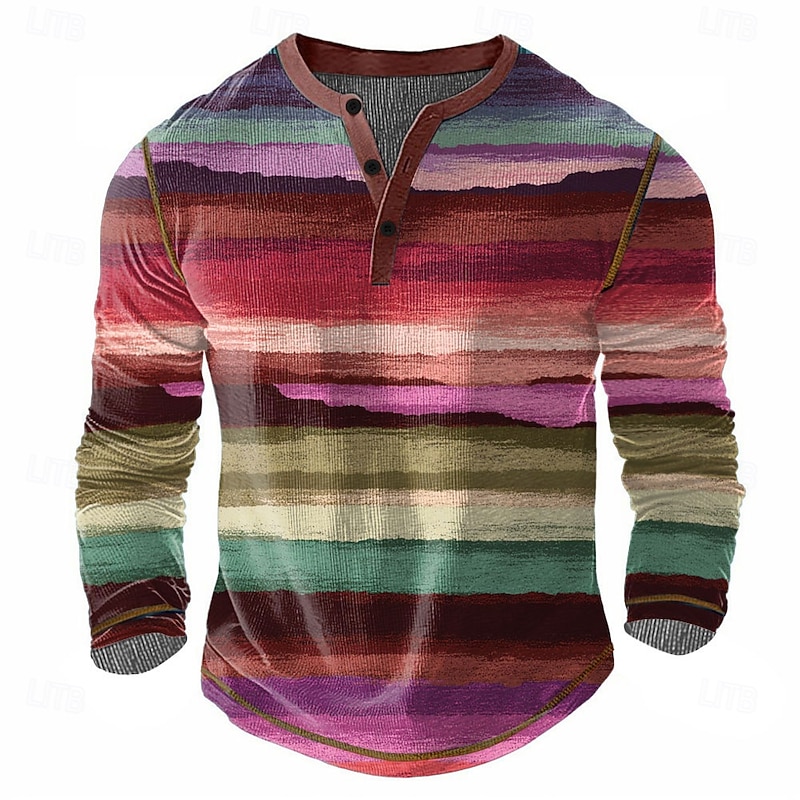 Men's Rainbow Geometic Henley Shirt Waffle T Shirt Long Sleeve Vintage Daily Retro Vintage Sports Outdoor Casual Holiday Spring & Summer All Seasons Dark Brown Blue Green Burgundy Henley Henley4