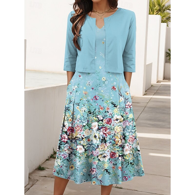 Women's Two Piece Dress Sets Midi Dress with Jacket Elegant A Line Dress Half Sleeve Casual Semi Formal Ombre Floral Print V Neck Date Yellow Pink Blue Regular Fit3