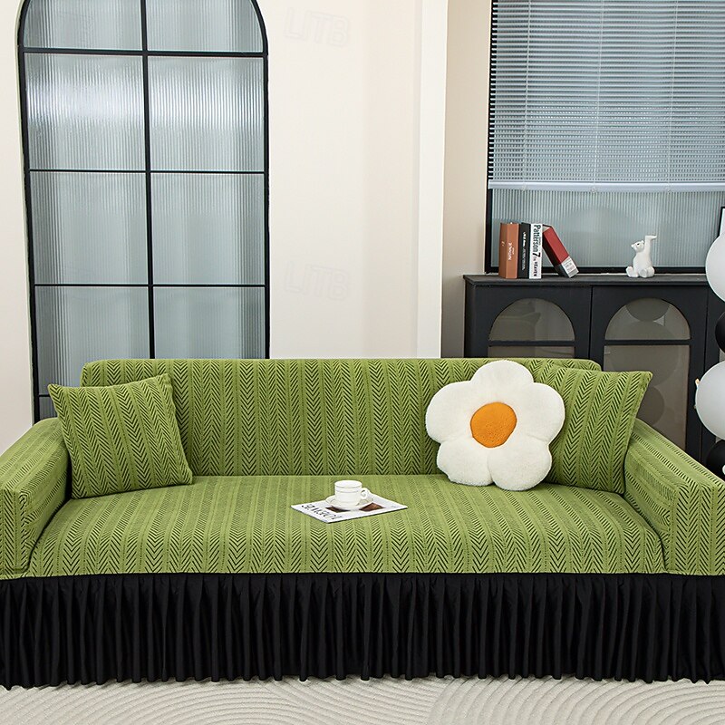 Jacquard Black Yarn Skirt Sofa Cover - Elastic And Non Slip Suitable For 1/2/3/4 Seat Sofa Bundling Closed Living Room Bedroom And Office Decoration Using Plain Modern Design