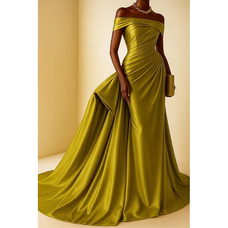High FashionEvening Gown Black Tie Mermaid / Trumpet Evening Gown Elegant Dress Formal Wedding Court Train Sleeveless Off Shoulder Satin with Pleats Ruched