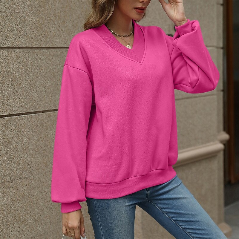 Women's Pullover Plain Streetwear Casual Comfy Long Sleeve V Neck Regular Tops Street Holiday Going out Pink Wine Gray Fall2
