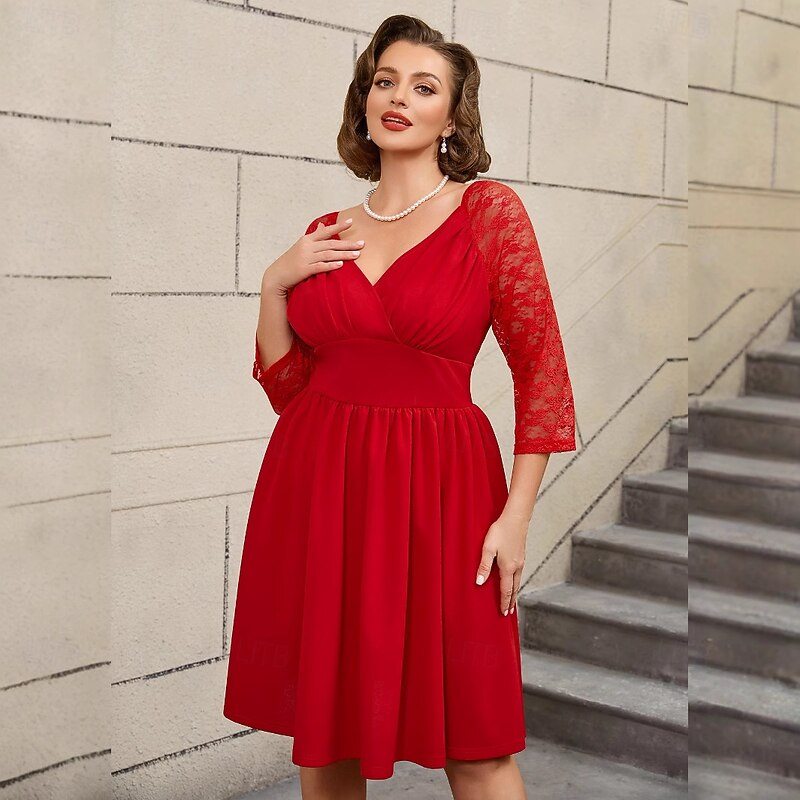 Retro Vintage 1950s Rockabilly Above Knee Dress A Line Dress Flare Dress Plus Size Lace V Neck Fancy Dress Women's Wedding Vacation Party & Evening Adults' Dress Spring & Summer2