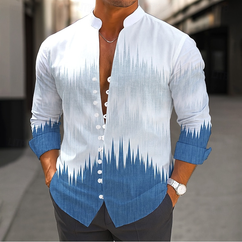 Men's Textured Gradient Color Shirt Stand Collar Shirt Long Sleeve Casual Vacation Daily Wear Going out Spring Fall Mandarin Collar Band Collar Button-Down Linen Like Shirt Blue Brown Green2
