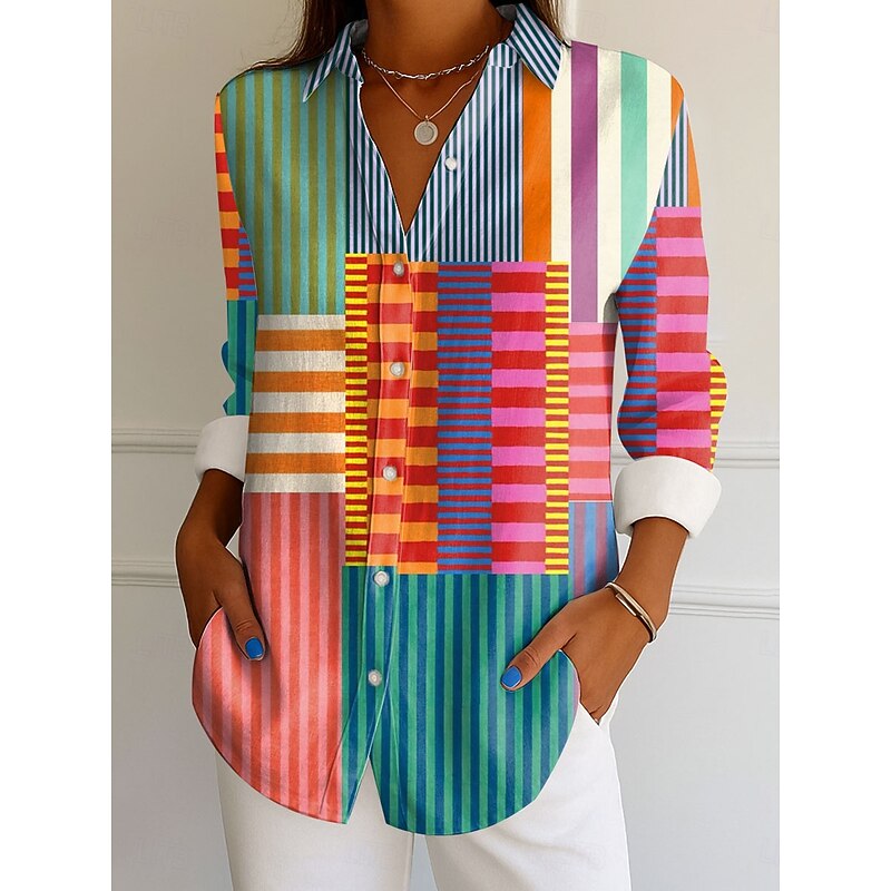 Women's Shirt Button Down Tunic Shirt Collar Long Sleeve Graphic Geometric Striped Vintage Tropical Daily Regular Tops Work Daily s Print Pink Blue Purple Green Spring2