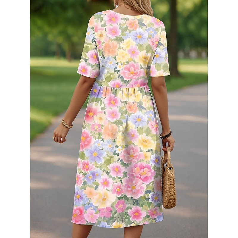 Women's Midi Dress Casual Dress Sundress A Line Dress Summer Dress Vacation Casual Beach Holiday Regular Fit Floral Graphic Short Sleeve Crew Neck White Pink Purple Green Summer Spring2