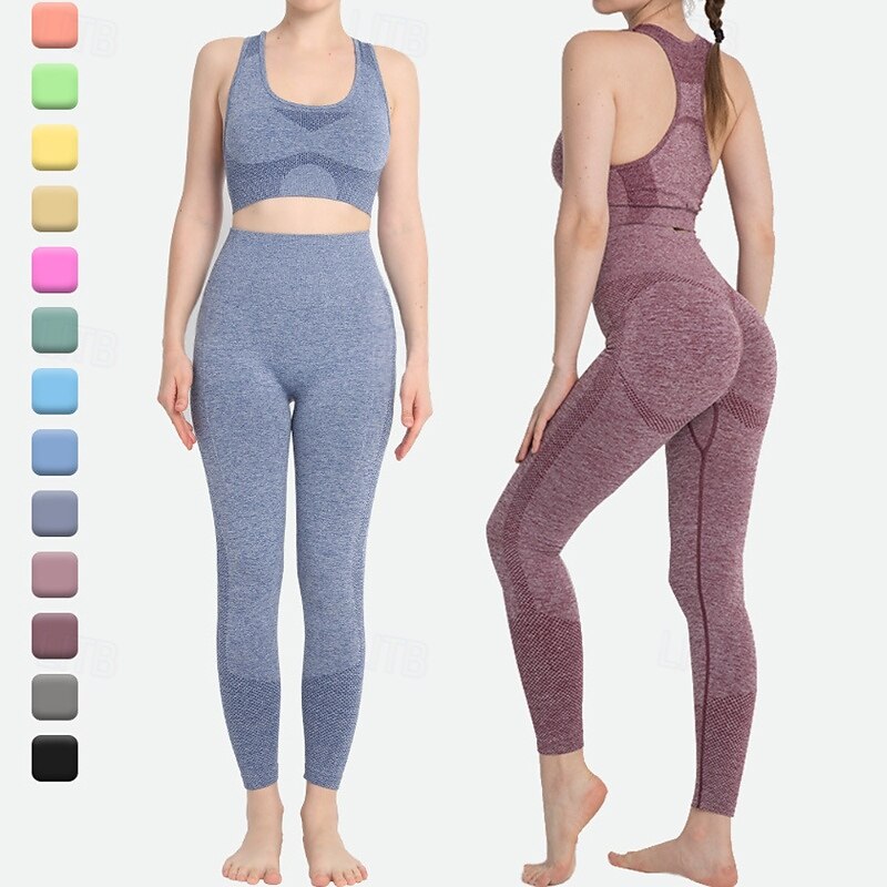 Women's 2 Pieces Yoga Sweatsuit Lounge Outfits  Sports Bra Seamless Leggings Solid Color Clothing Suit Dark Grey Black Gym Workout High Waist Stretchy Breathable Sleeveless Sport Activewear Slim
