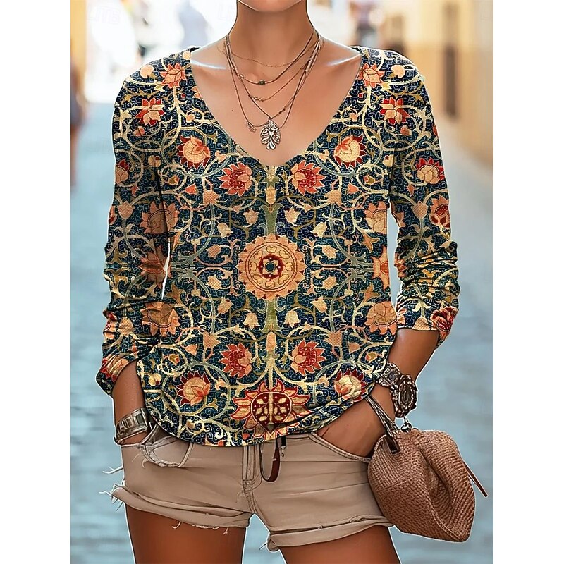 Women's Blouse Floral Bohemia Daily Long Sleeve V Neck Regular Tops Daily Holiday Print Black White Red Navy Blue Emerald Green Summer Spring Fall3