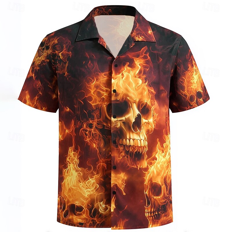 Men's Skull Flame Halloween Costumes Shirt Cuban Collar Shirt Button Up Shirt Short Sleeve Dark Punk Gothic Style Holiday Streetwear Summer Camp Collar Shirt 3D Print Red Orange