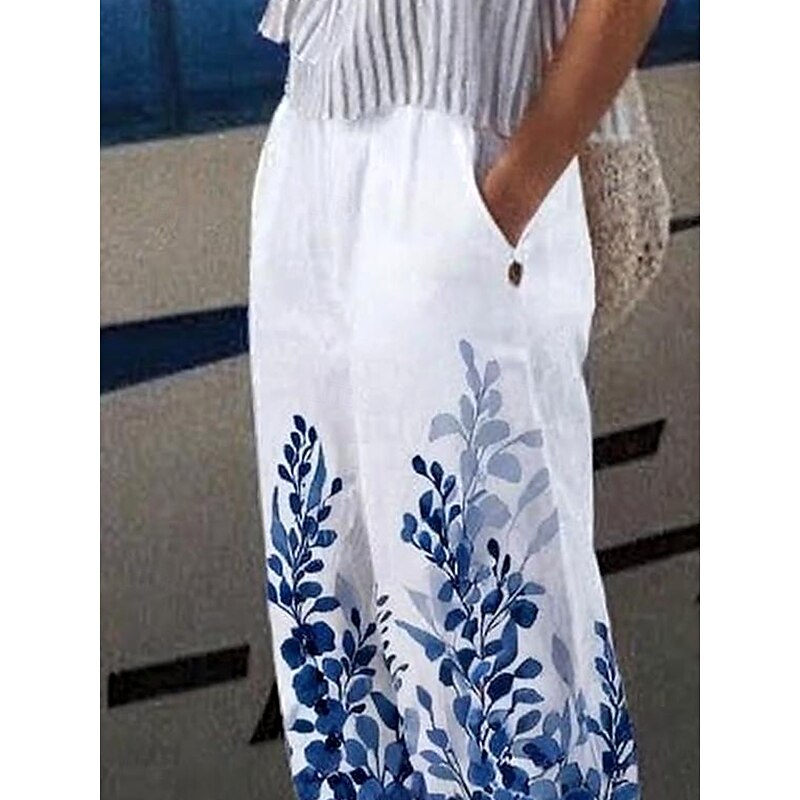 Women's Chinos Vacation Vintage Ethnic Style Ankle-Length High Waist Floral Graphic Leaf Pocket Soft Outdoor Breathable Inelastic Vacation Street Causal White-Blue Purple Green Khaki Summer Spring3