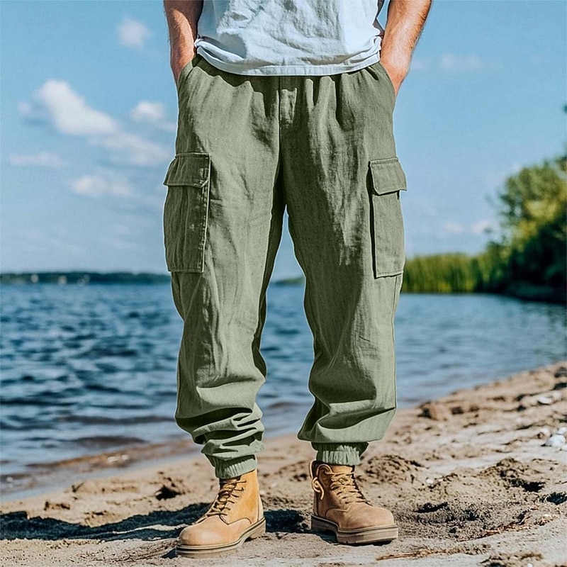 Men's Linen Pants Trousers Summer Pants Elastic Waist Drawstring Straight Leg Plain Comfort Breathable Full Length Casual Daily Holiday Fashion Classic Style Black White