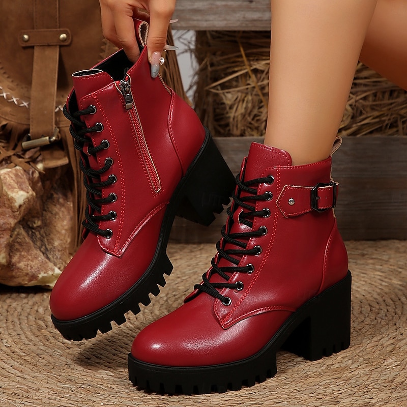 Red Faux Leather Lace-Up Ankle Boots for Women – Chunky Block Heels with Zipper and Buckle Detail, Trendy and Durable Outdoor Boots4