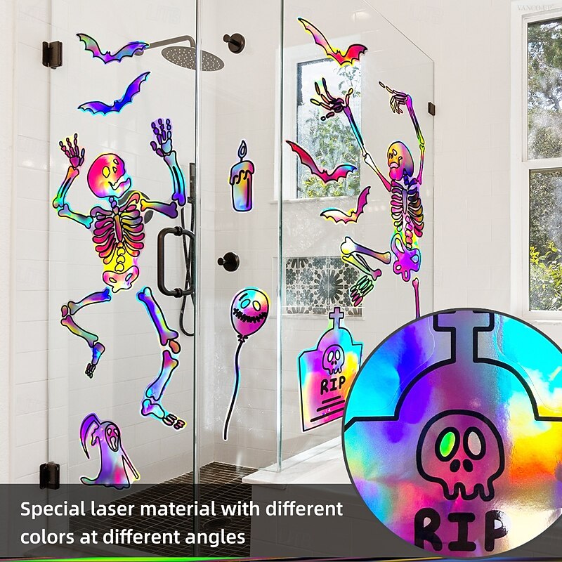 Halloween Holographic Skull Wall Stickers, Iridescent Gradient Decals for Festival Home Room Decor, Removable Halloween Party Wall Decorations3