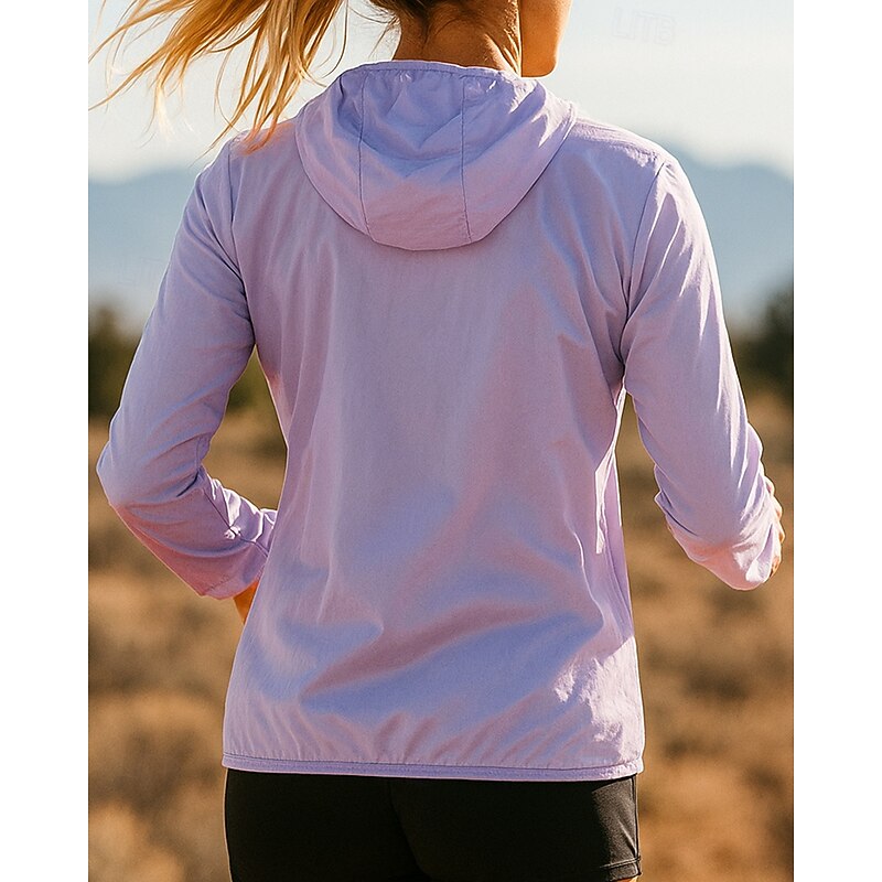 Women's Running Jacket Outdoor Jacket Hooded Jacket Drawstring Zipper Pocket Long Sleeve Top Athleisure Solid Colored Windproof UPF 50+ Breathable Fishing Hiking Running Sportswear Activewear Black2