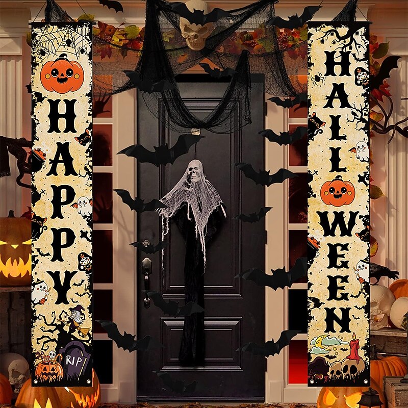 1 Pair Happy Halloween Porch Decoration Banner Polyester Trick or Treat Halloween Night Party for Home Front Door Yard Farmhouse Garden Outdoor Indoor Welcome Sign