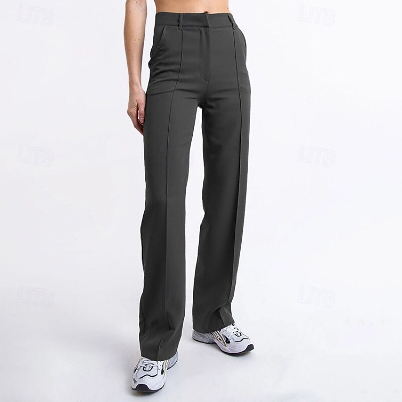 Women's Wide Leg Dress Pants Streetwear Casual Full Length Natural Plain Pocket Elastic Waist Comfortable Work Business Grey Navy Black White Fall Regular Fit