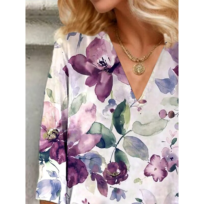 Women's Blouse Button Down Floral Graphic Elegant Stylish Basic 3/4 Length Sleeve V Neck Regular Tops Daily Holiday Going out Print Wine Purple Green Summer Spring2