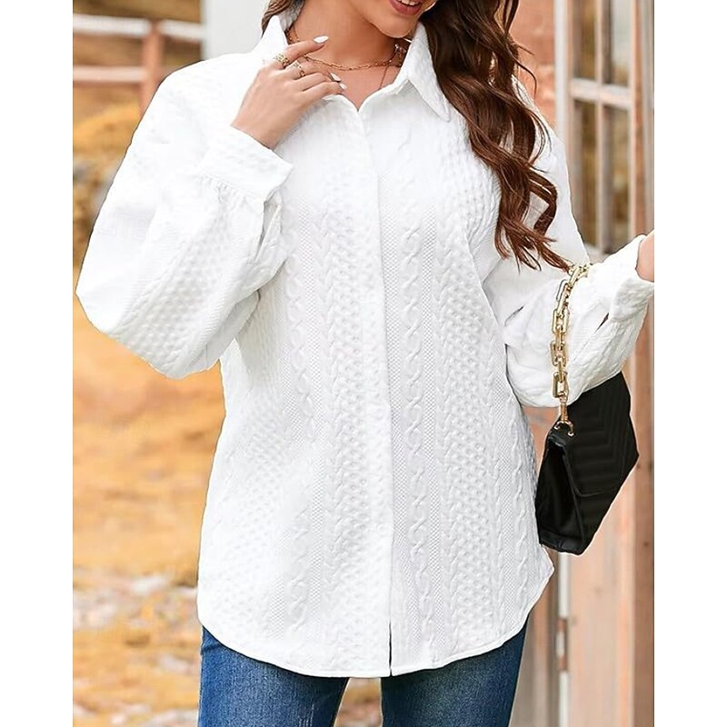 Women's Shirt Jacket Textured Jackets Comfortable Buttons Casual Plain Holiday Going out Single Breasted Regular Turndown Regular Fit Long Sleeve Outerwear Black White Pink Fall3