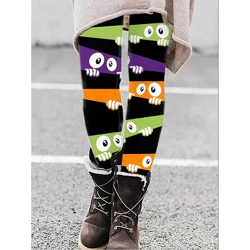 Women's Leggings Vacation Vintage Fashion Ankle-Length High WaistPantsHalloween Graphic Halloween Monster Printing Soft Breathable Stretchy Formal Outdoor Vacation Black Green Ash Black and Dark Gray3
