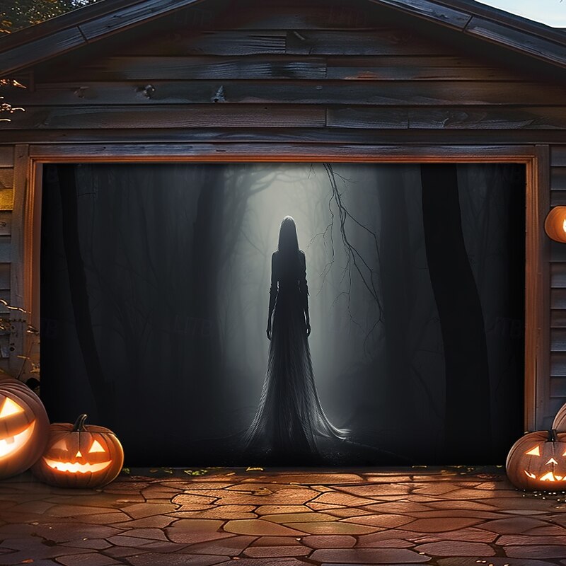 Halloween Outdoor Garage Door Cover Ghost Bride Skeletons Banner Large Tapestry Backdrop Decoration for Holiday Outdoor Garage Door Home Wall Decorations2