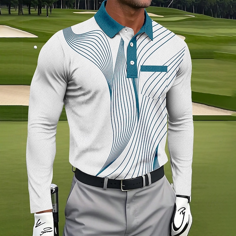 Men's Geometric Golf Polo Sports Polo Shirts Long Sleeve Polo Shirts Collared Shirts Sportswear Business Casual Athleisure Daily Wear Pocket 3D Print Buttons Spring Fall Black Red Blue