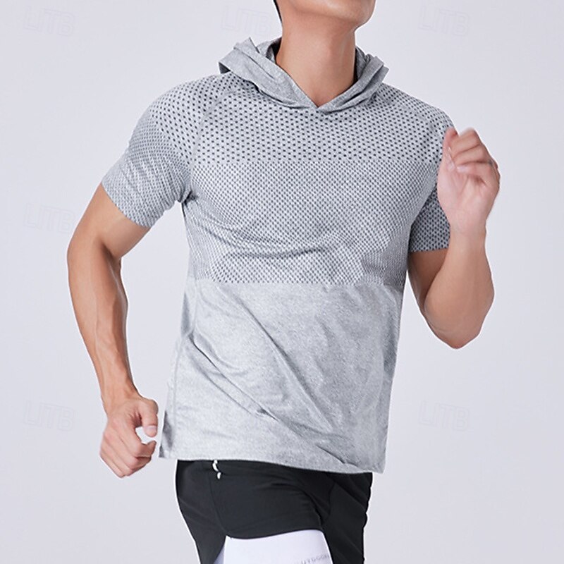 Men's Performance Shirt Sport Tee Shirt Short Sleeve Hoodie Top Outdoor Quick Dry Sweat wicking anti-odor Breathable Polyester Patchwork Dark Grey Blue Light Grey Fishing Tennis Running4