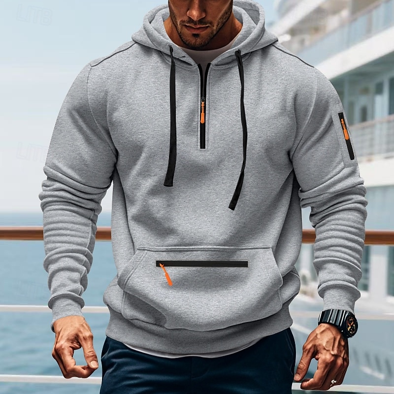 Men's Hoodie Quarter Zip Hoodie Fleece Hoodie Black White Navy Blue Khaki Light Grey Hooded Plain Pocket Sports & Outdoor Daily Holiday Polyester Streetwear Basic Casual Fall Winter Clothing Apparel