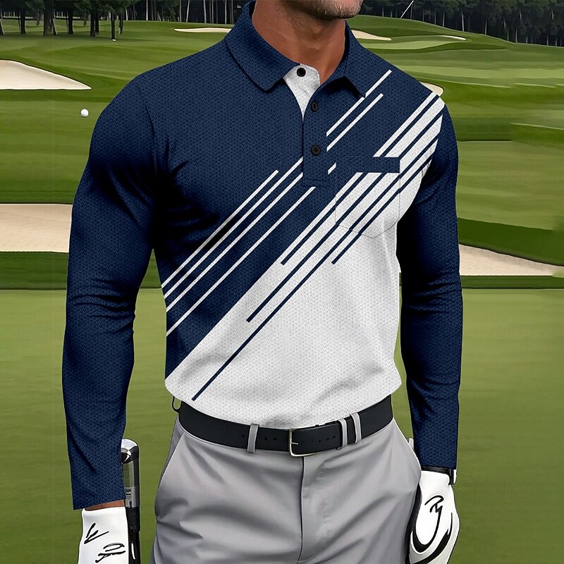 Men's Geometric Golf Polo Long Sleeve Polo Shirts Collared Shirts Sportswear Business Casual Athleisure Daily Wear Pocket 3D Print Buttons Spring Fall Black Red Navy Blue4