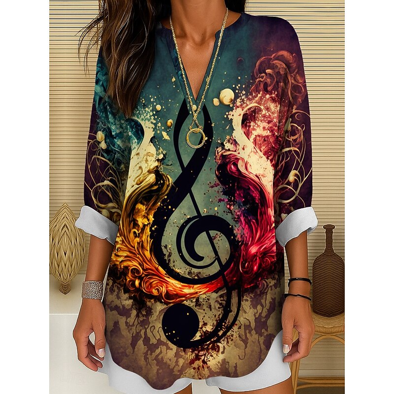 Music Festival Women's Blouse Long Sleeve Tunic Ombre Graphic Geometric Elegant Vintage Tropical Long Sleeve V Neck Regular Tops Daily Holiday Print Yellow Blue Green Summer Spring