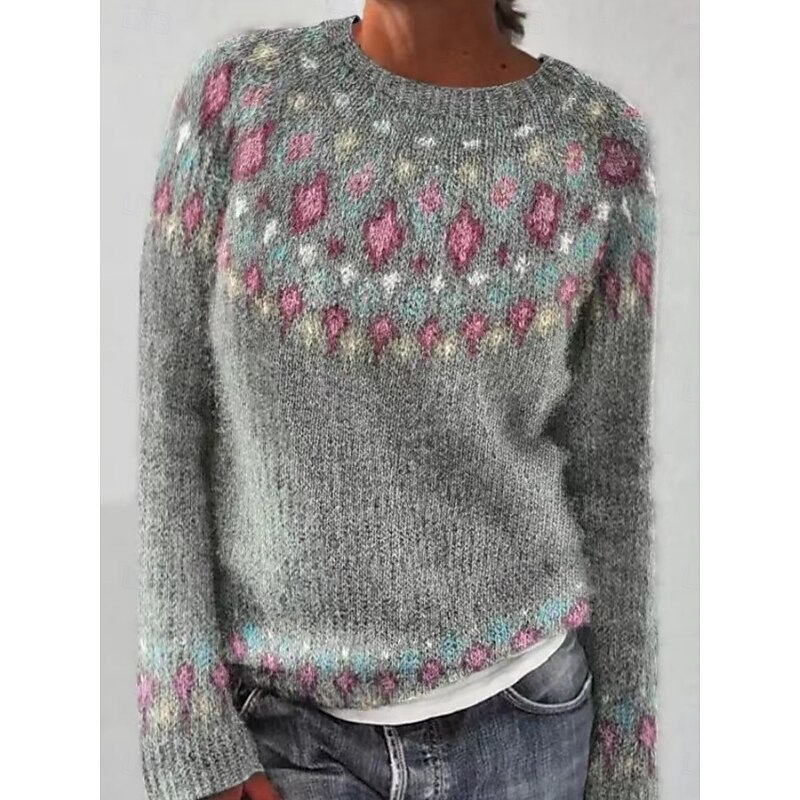 Women's Sweater Casual Soft Geometric Striped Ribbed Crew Neck Knitted Long Sleeve Regular Tops Knit Outdoor Daily Weekend Navy Blue Royal Blue Fall Winter3