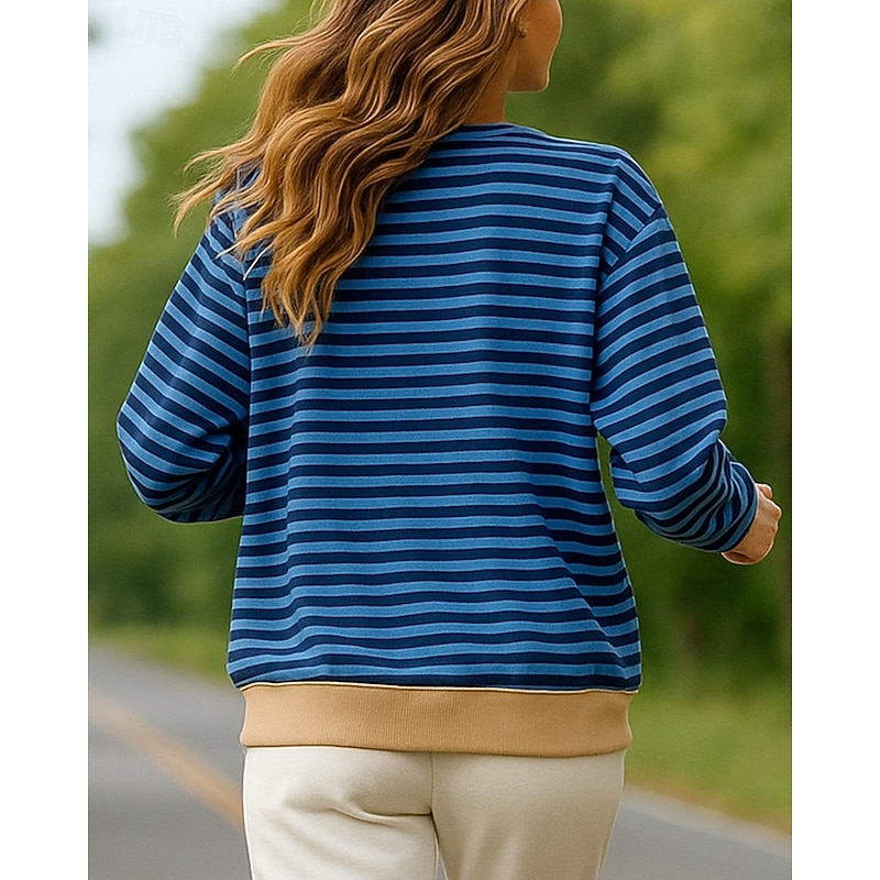 Women's Pullover Sweatshirt Casual Tops Long Sleeve Top Athleisure Fall Striped Cotton Sun Protection Windproof Outdoor Running Sportswear Activewear Blue2