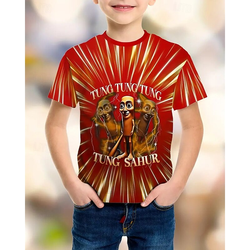 Boys' T-Shirt with Cartoon Character Print - Tung Tung Tung Sahur Design 3D Graphic T shirt Tee Short Sleeve Summer Spring Fashion Basic Kids 4-12 Years Crew Neck Outdoor Casual Daily Regular Fit