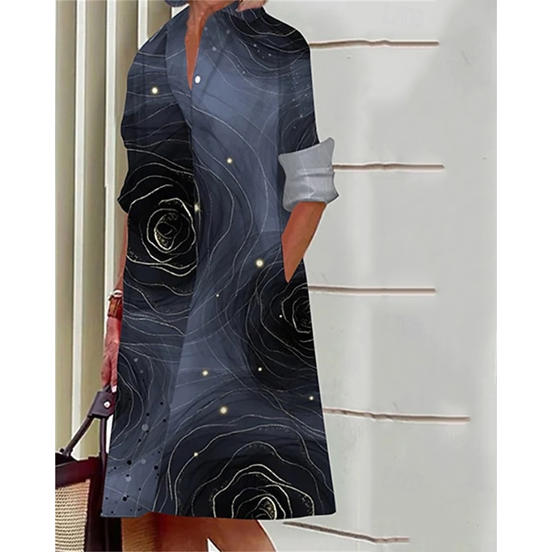 Women's Midi Dress Shirt Dress Casual Dress Fashion Modern Daily Beach Weekend Regular Fit Flower Long Sleeve Shirt Collar White Yellow Pink Navy Blue Spring Fall