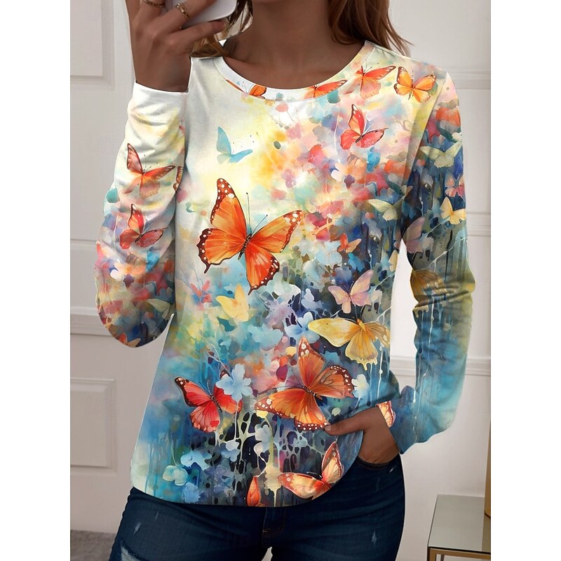Women's T shirt Crew Neck Long Sleeve Tunic Graphic Butterfly Plants Vintage Stylish Casual  Regular Tops Daily Weekend Print Yellow Blue Purple Fall