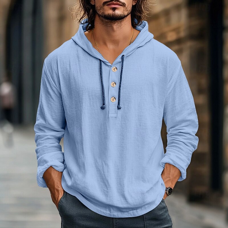 Men's Shirt Linen Shirt Beach Wear Button Up Shirt Hooded Shirt Plain Vacation Casual White Blue Army Green Gray Long Sleeve Hooded Summer Spring Clothing Apparel Buttons4