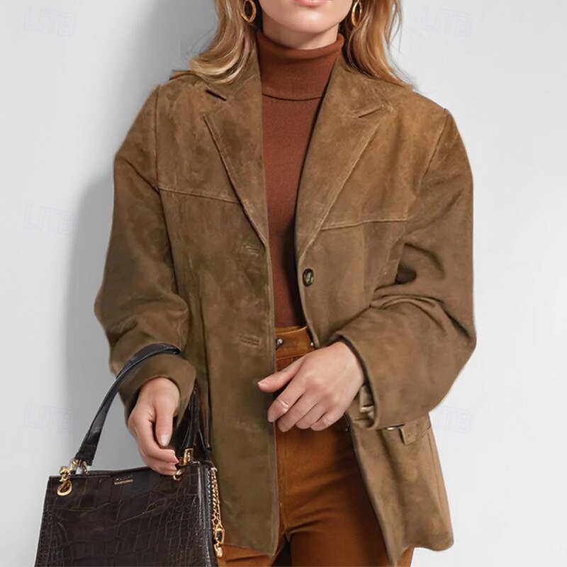 Women's Coat Blazer Warm Comfortable Pocket Buttons Fashion Modern Plain Work Daily Regular Turndown Regular Fit Long Sleeve Outerwear Black Brown Khaki Fall Winter4