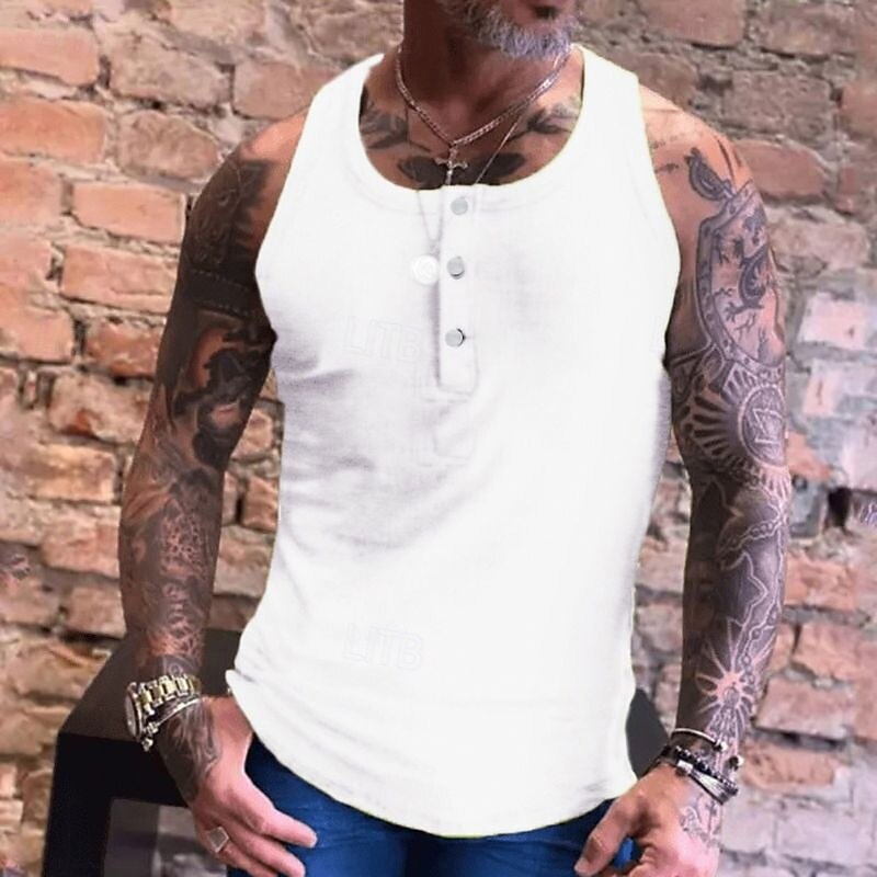 Men's Tank Top Vest Top Undershirt Sleeveless Shirt Sleeveless Crew Neck Summer Plain Fashion Streetwear Muscle Button-Down Sports & Outdoor Athleisure Gym White Blue Green Top Tee for Men