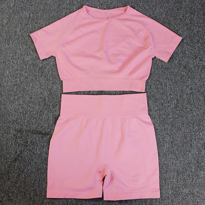 Women's 2 Pieces Workout Sets Shorts and Crop Top Solid Color Clothing Suit Black Pink Gym Workout High Waist Stretchy Breathable Short Sleeve Sport Activewear Slim2