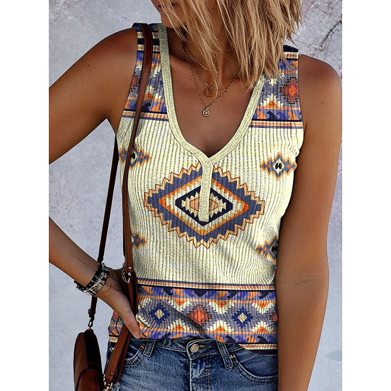 Women's Camisole Tank Top Graphic Geometric Vintage Tropical Stylish Sleeveless Sleeveless V Neck Regular Tops Daily Print Blue Purple Khaki Summer Spring